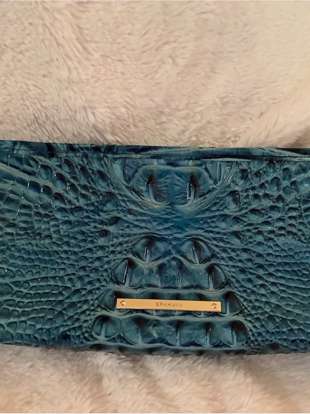 Brahmin Teal Croc-Embossed Leather Clutch with Gold Plaque